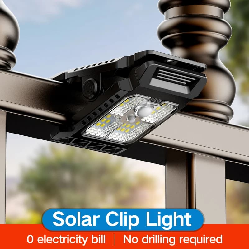 Morsetto solare per esterni con sensore di movimento Luci da lavoro impermeabili 3 modalità di illuminazione Lampada da campeggio Pareti recinzione Lampade a LED per garage