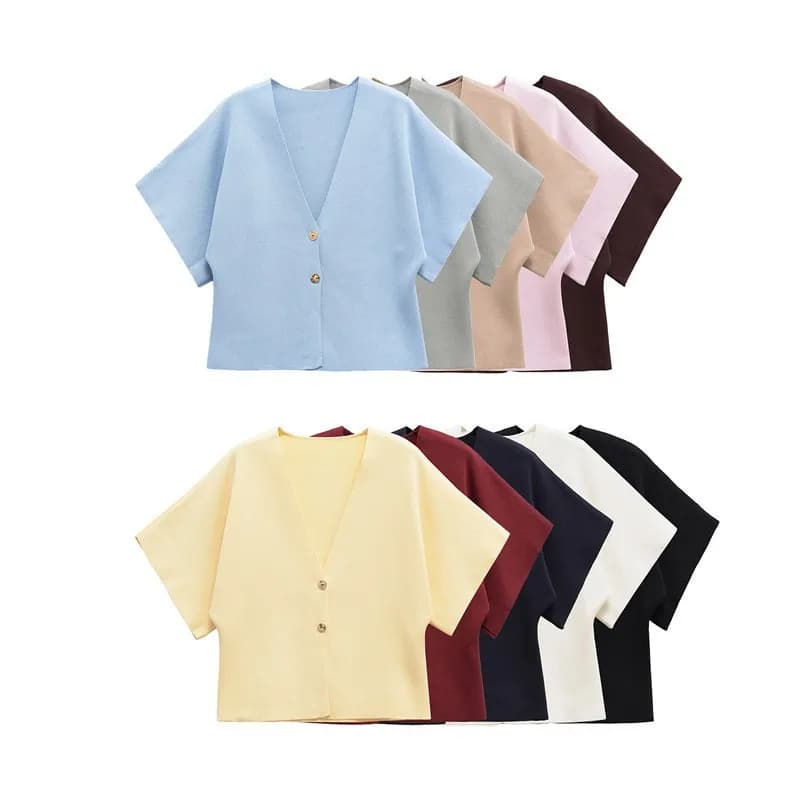 2026 New Fashionable Women's Clothing European and American Style Flat Needle Short Sleeved V-neck Sports Minimalist Knitted Jac
