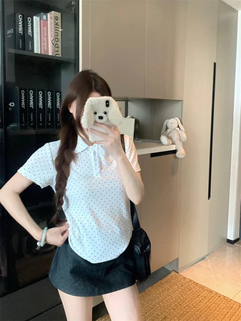Kumikumi Polka Dot Doll Collar Short Sleeve T-Shirt Women's Summer Design Slimming White Outerwear Top Korean Style Straight Cut