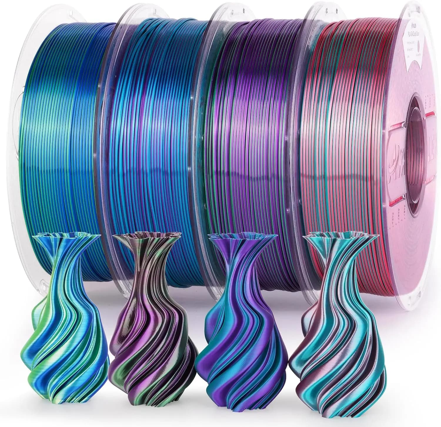 Filamento per Stampante 3D in PLA Seta, Confezione da 4KG, Bicolore Lucido 1.75mm, Cambio Multicolore per Stampanti FDM, Serie Verde
