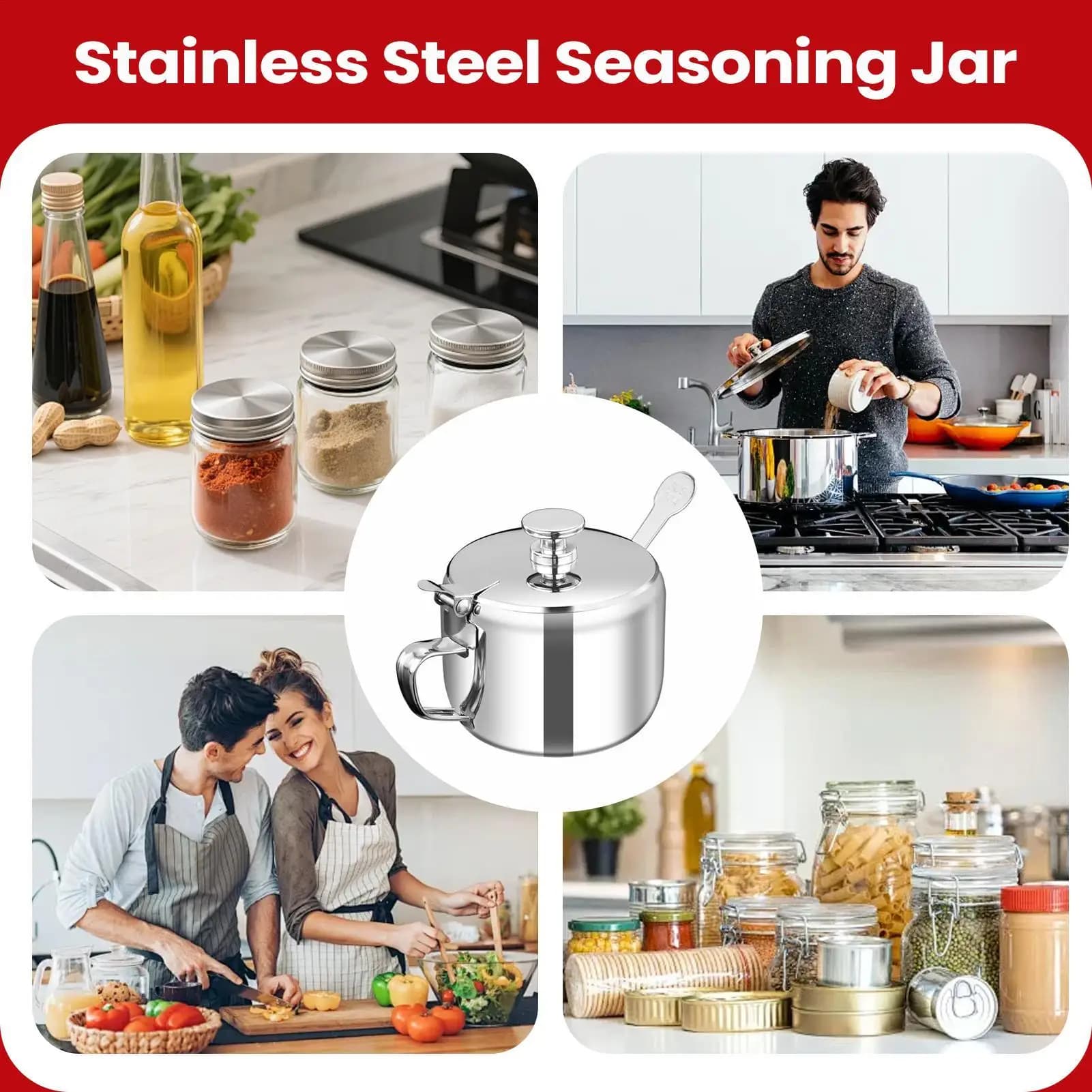 Contenitore per condimenti a bocca larga con cucchiaio, barattolo in acciaio inossidabile per cucina, per zucchero, sesamo, pepe, preparazione pasti, ristorante
