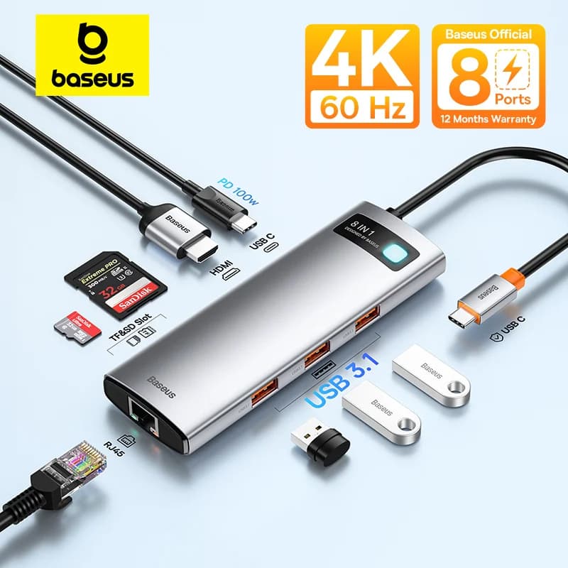 Baseus Hub USB Tipo C a HDMI Adattatore hub USB 3.1 compatibile Porta Ethernet RJ45 da 10 Gbps Docking station SD TF per MacBook Hub USB