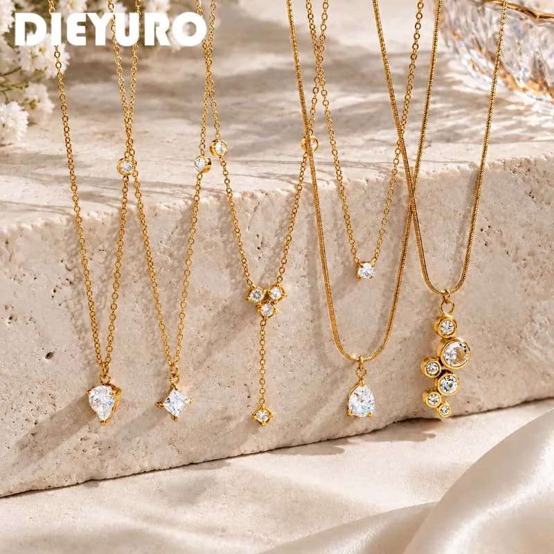 DIEYURO Stainless Steel Geometric Zirconia Pendant Necklace for Women Crystal Neck Chain Waterproof Elegant Party Jewelry Gift