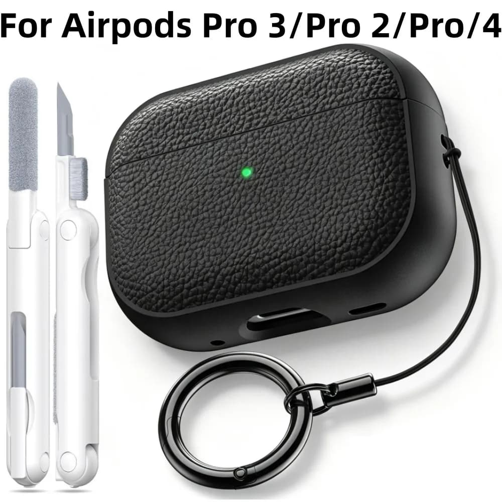 for AirPods Pro 3/Pro 2/Pro/4 Leather Design Case Soft TPU Drop Protection Cover with Keychain & Cleaner Kit for AirPods 4/Pro 3