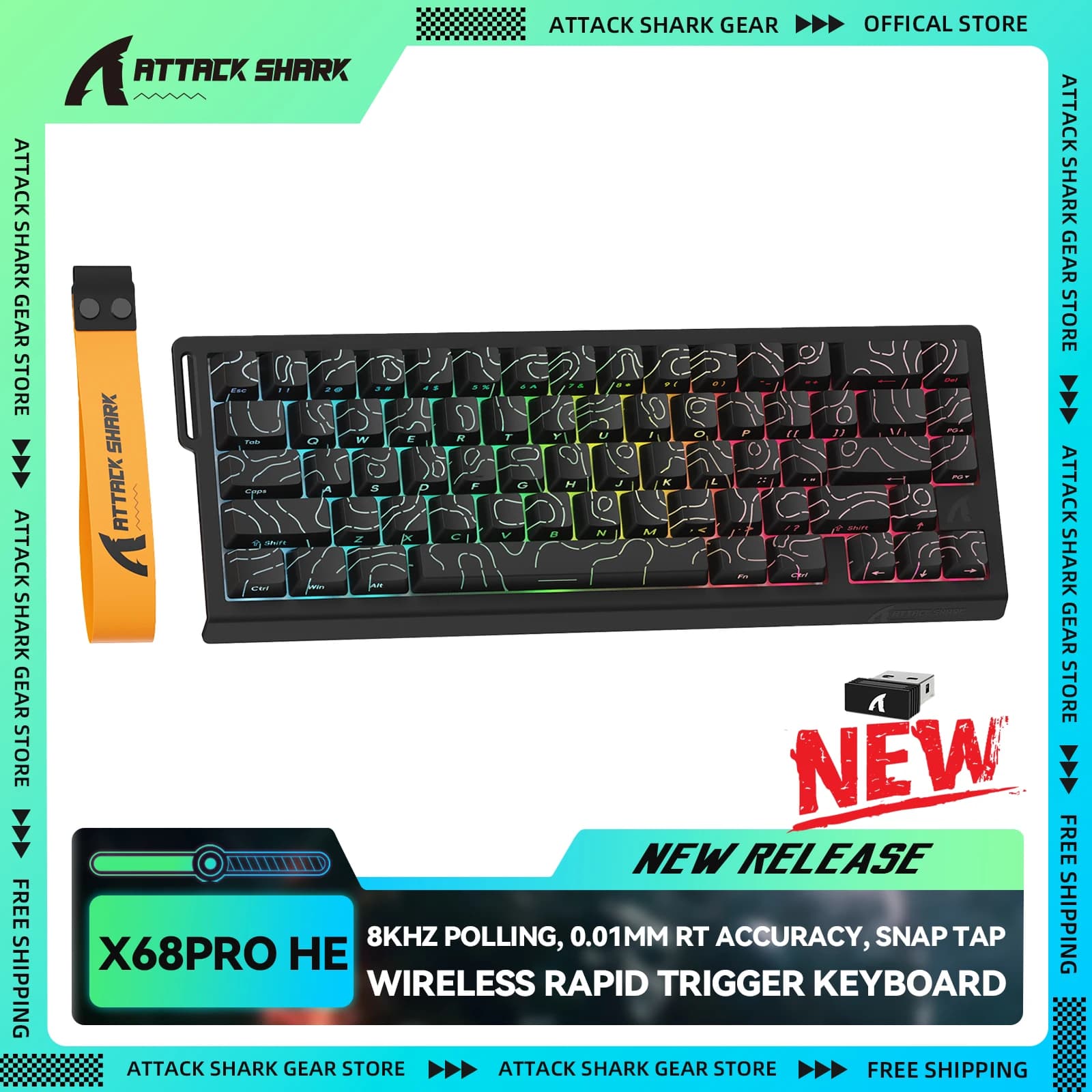 ATTACK SHARK X68PRO HE Tastiera wireless a grilletto rapido, precisione RT 0,01 mm, pollame 8000 Hz, rubinetto a scatto, punto di attuazione regolabile