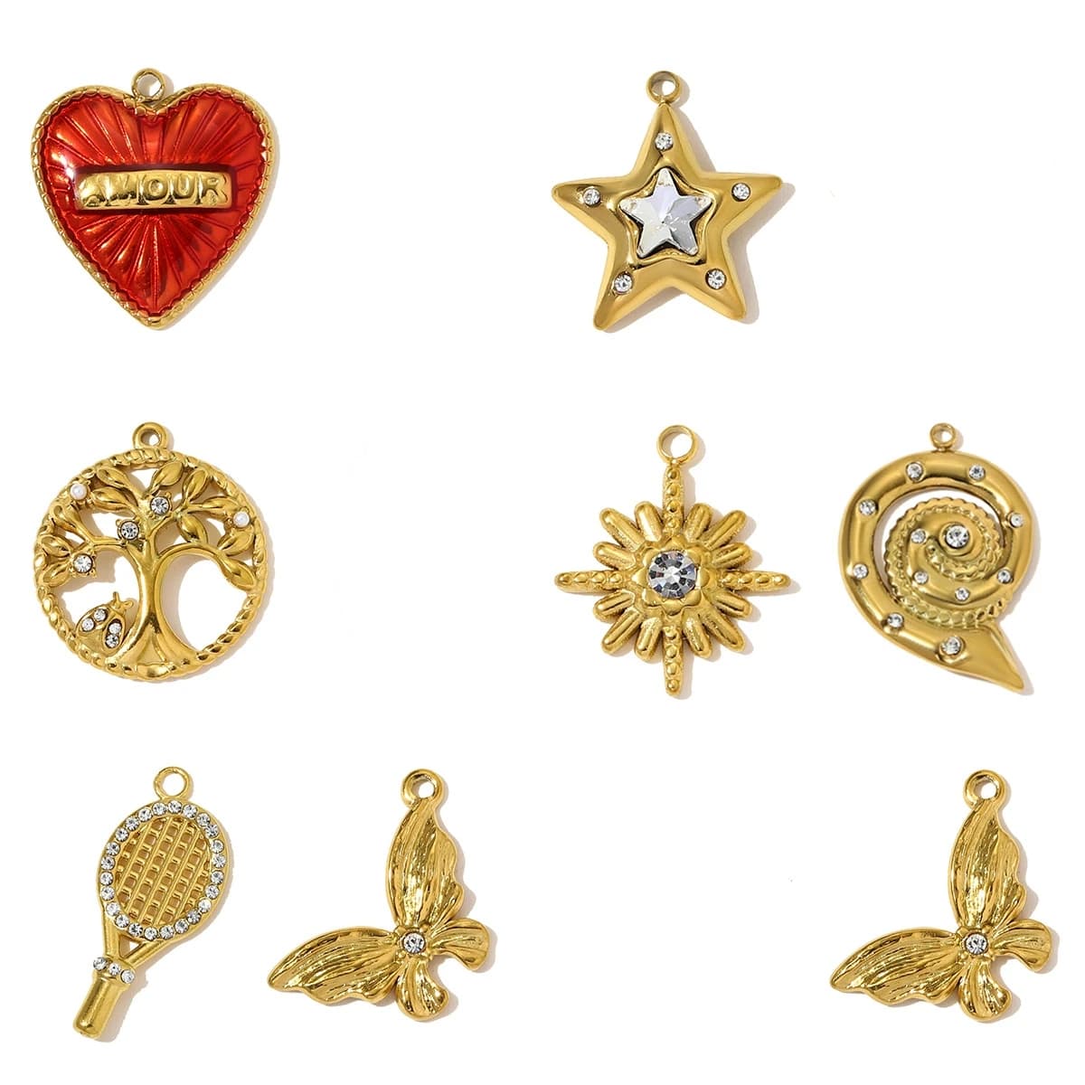 Set di 3 Ciondoli in Acciaio Inox a Forma di Stella, Farfalla e Racchetta da Tennis per Creazione di Collane e Orecchini, Accessori all'Ingrosso