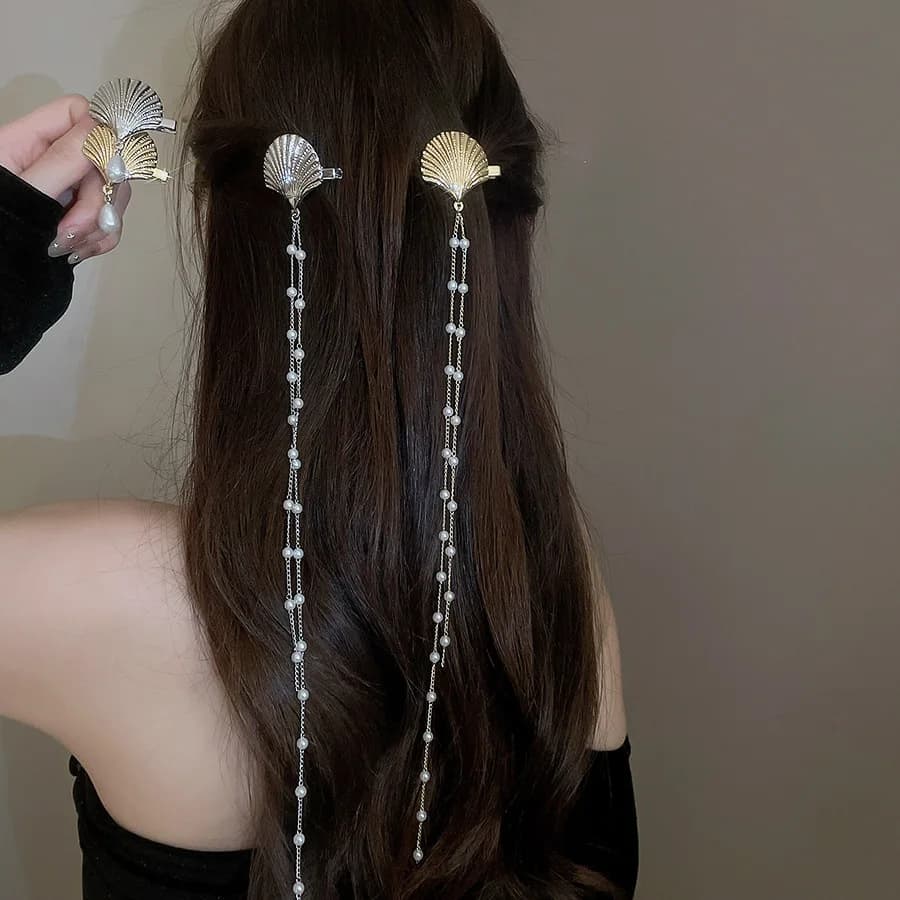 Metalic Shell Shape Hair Clips for Women Long Tassel Imitation Pearl Duckbill Clip Ocean Side Hair Barrettes Accessories Beach