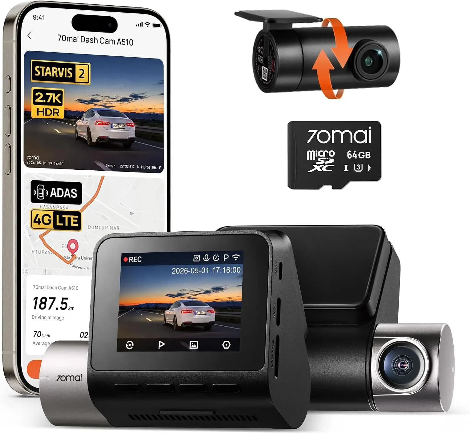 Dual Dash Cam 1944P 1080P STARVIS 2 IMX675 64GB Card 4G LTE ADAS GPS WiFi APP Control HDR 24H Parking Mode Loop Recording