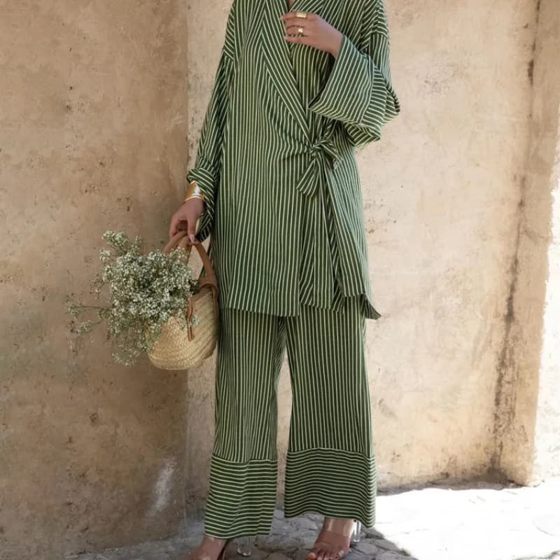 Elegant Women Stripe Trousers Suit Y2K Tracksuit Lace Up Shirt Wide Leg Pants Two Piece Set Loose Vacation Outfits Pajamas Set
