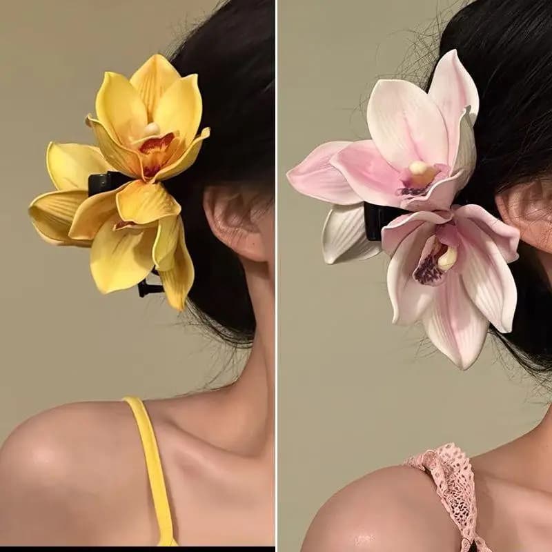 Orchid Flower Hair Claw Women Wedding Clip Gentle Grip for Chic Ponytail Shark Style