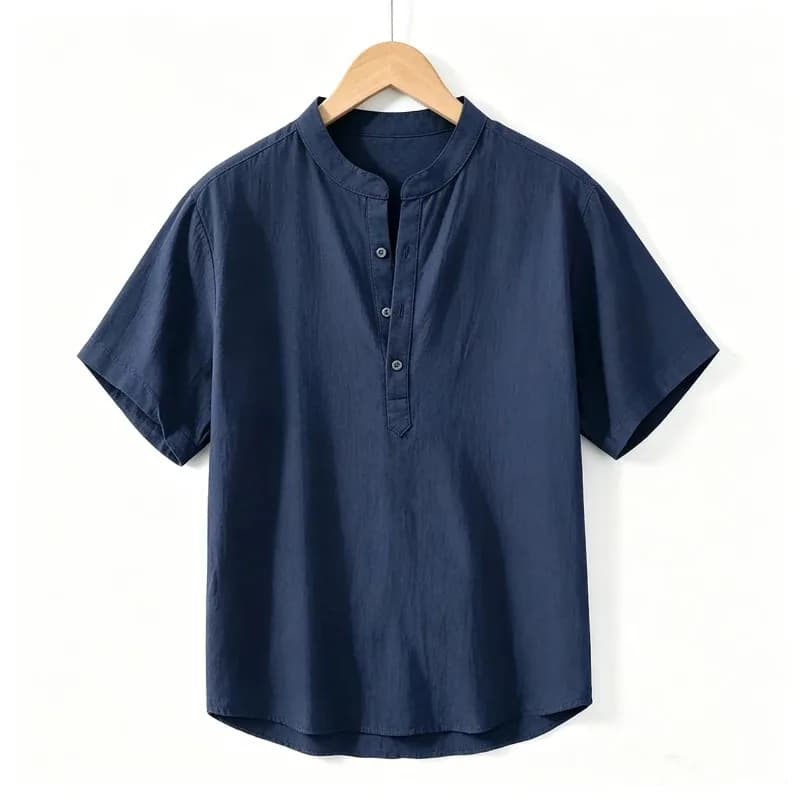 Camicie Estive da Uomo a Maniche Corte, Tinta Unita, Collo Alto, Oversize, Traspiranti, Comode, in Cotone, Stile Basic