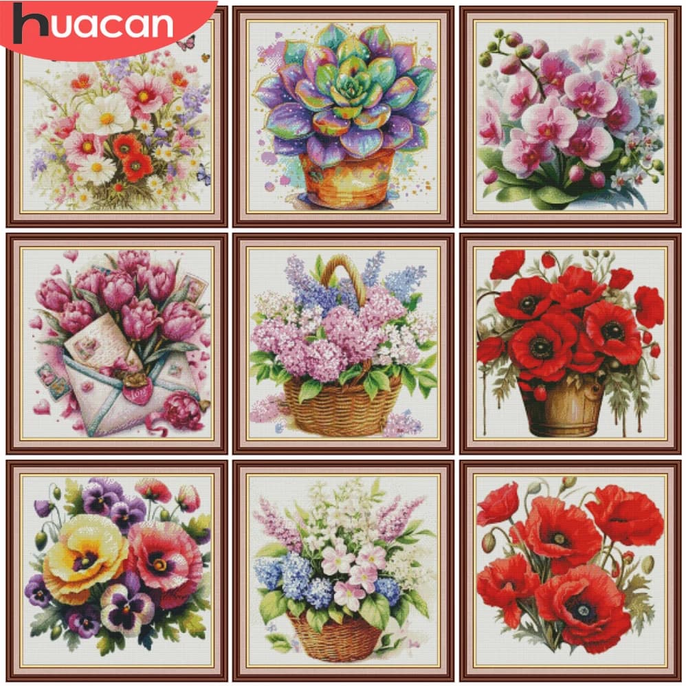 HUACAN Cross Stitch Flower Rose Poppy Handmade Embroidery Sets Floral Home Decor 11CT Needlework Diy Picture Cnavas Art