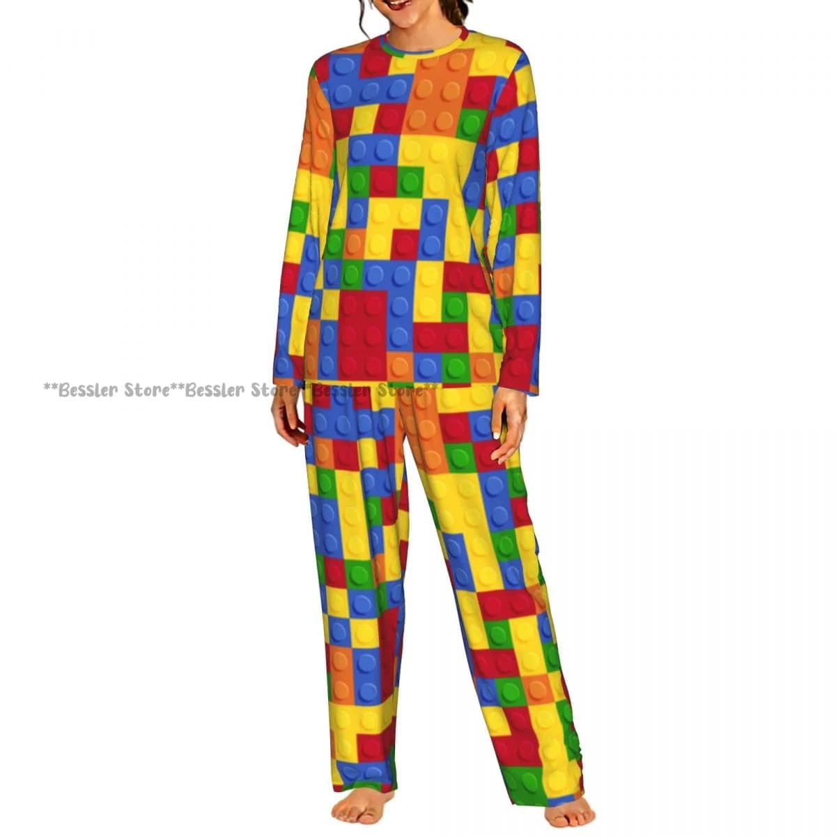 Women Round Neck Pajama Suit Long Sleeve Tops Long Pants Construction Block Plate Pattern Ladies Nightwear Home Outfit