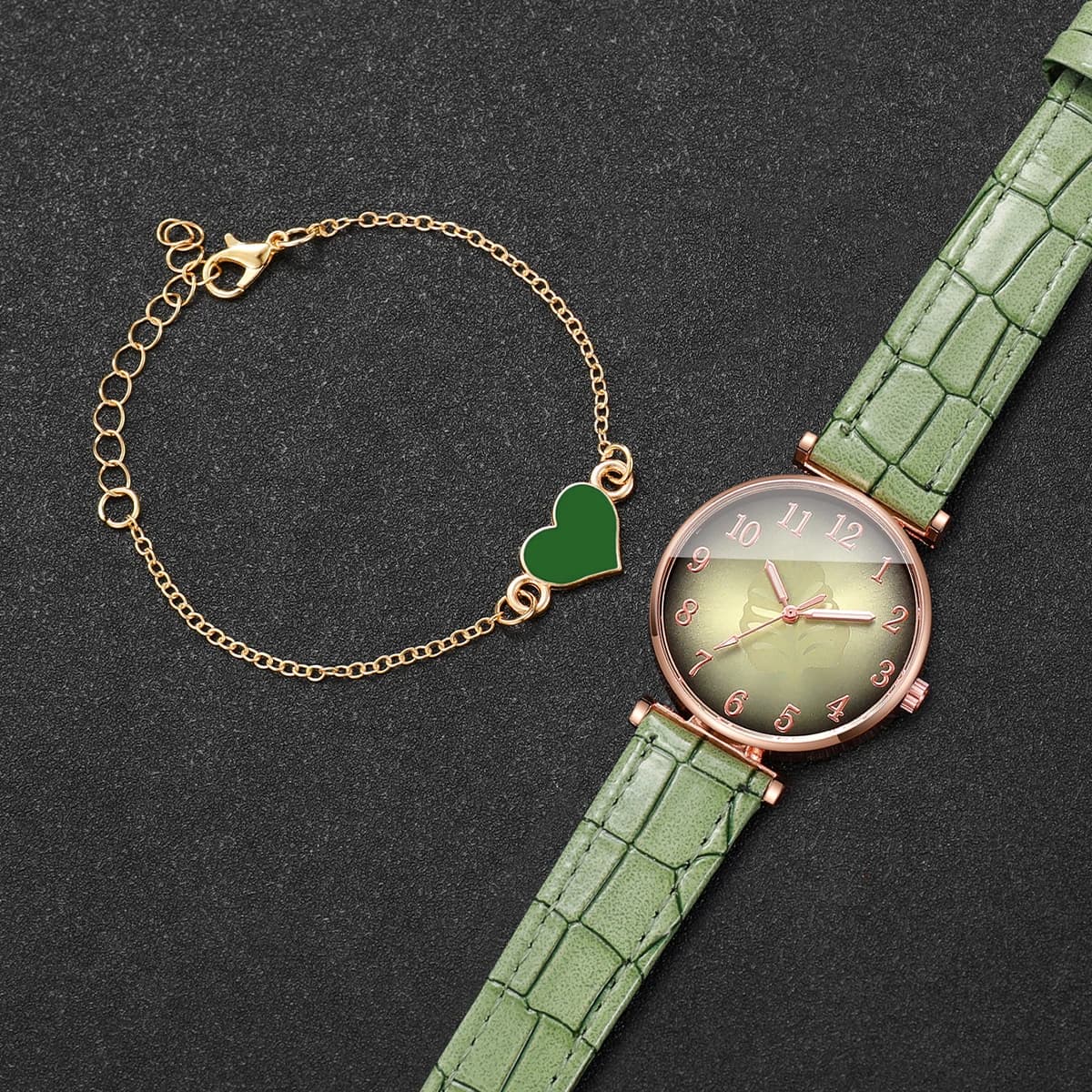 2PCS/Set Fashion Leaf Dial Women Watch Elegant Leather Strap Ladies Quartz Watches Heart Bracelet Set Reloj Mujer (Without Box)