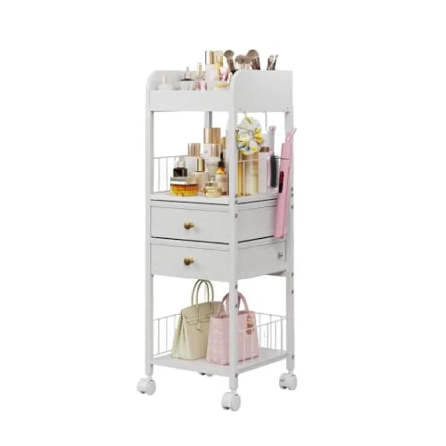 Organizzatore per Trucchi da Pavimento con Ruote Bloccabili e 8 Divisori, Carrello a 2 Cassetti per Cosmetici/Profumi/Smalti