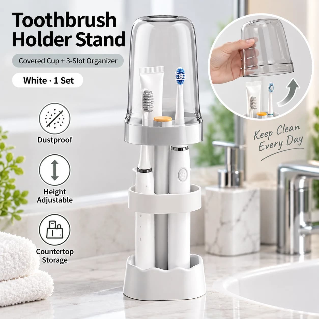 1Set White Toothbrush Holder Stand Covered Cup 3 Slot Toothpaste Organizer Bathroom Travel Hotel Dental Rack