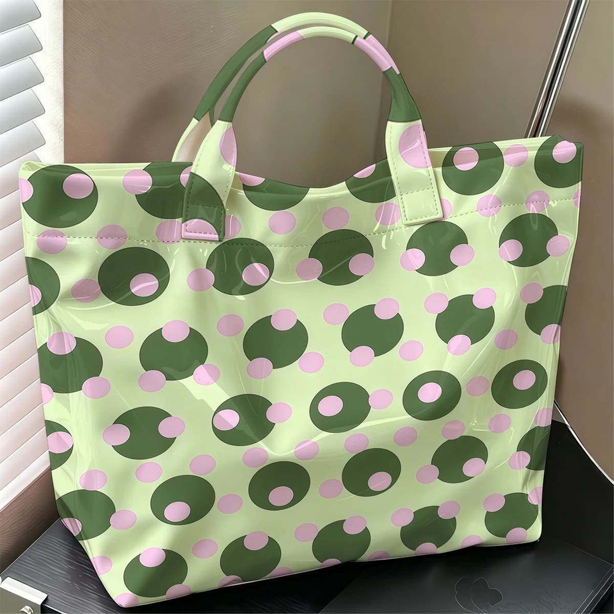 Green Pink Polka Dot Stylish Large Glossy PVC Tote Bag Washable Waterproof Durable Ideal for Travel Commute Cosmetics Handbags
