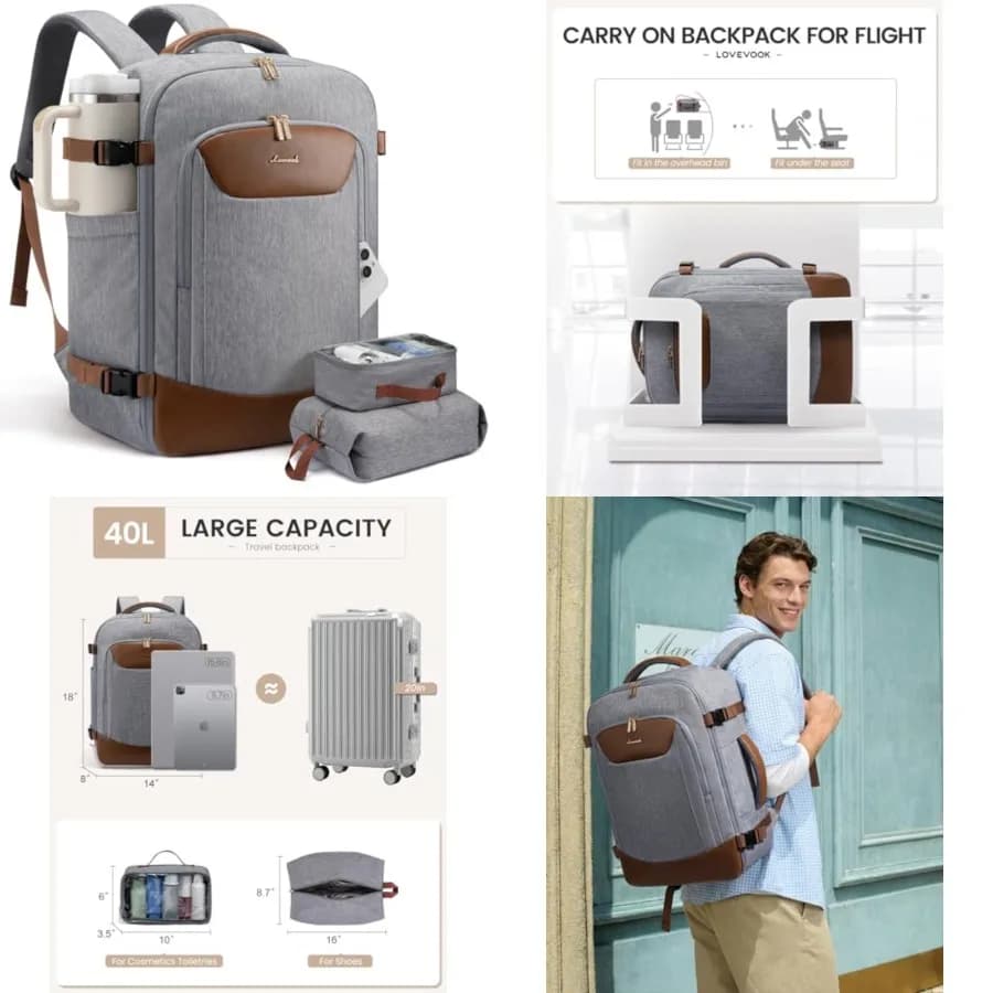 Zaino da viaggio da 40 litri per donna e uomo, grande zaino da viaggio per aerei, borsa da viaggio per oggetti personali approvata TSA, adatta per laptop da 15,6 pollici, impermeabile
