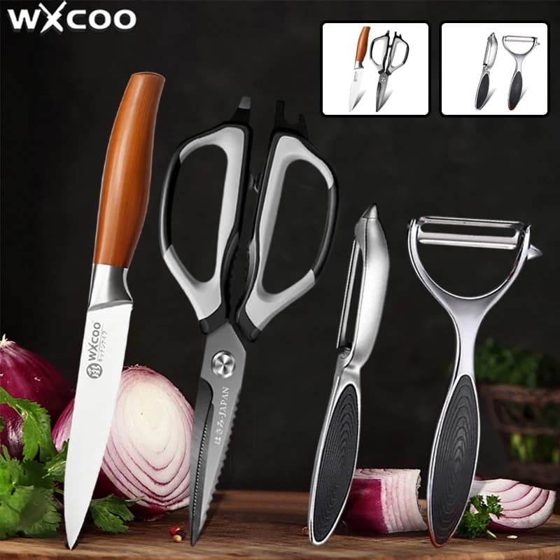 WXCOO Multifunctional Stainless Steel Fruit Knife Sharp Kitchen Knife Scissor for Meat Fruit and Vegetable Peeling Slicing