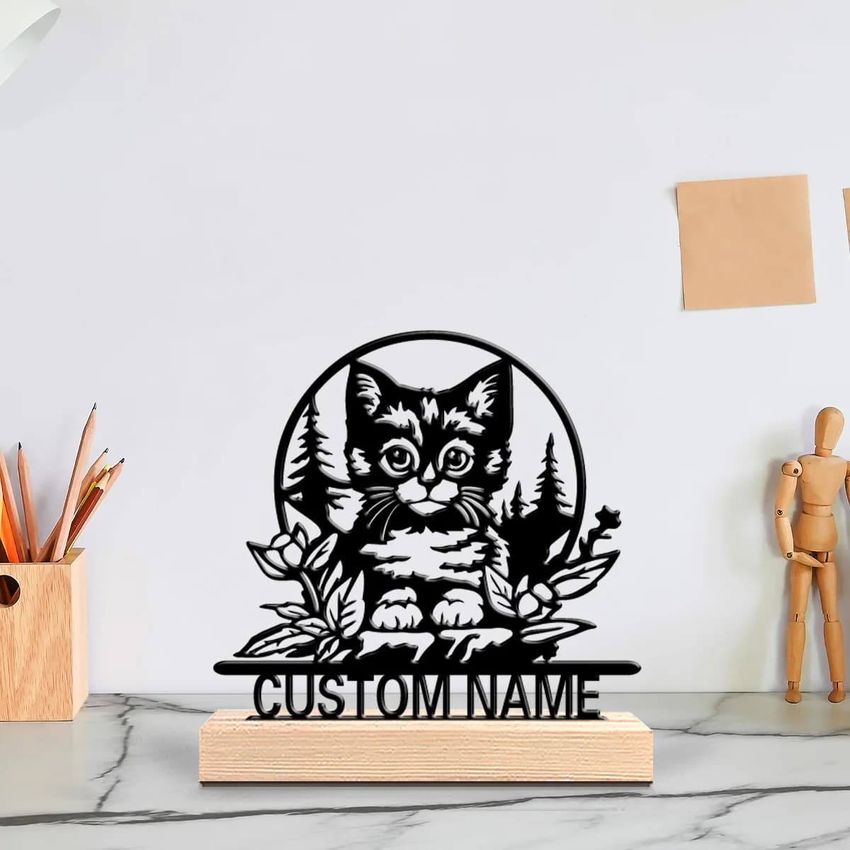 1pc cat tree Customizable Name Metal Statue Iron Ornament Art Crafts With Wood Base Iron Sculpture For Youth Gifts