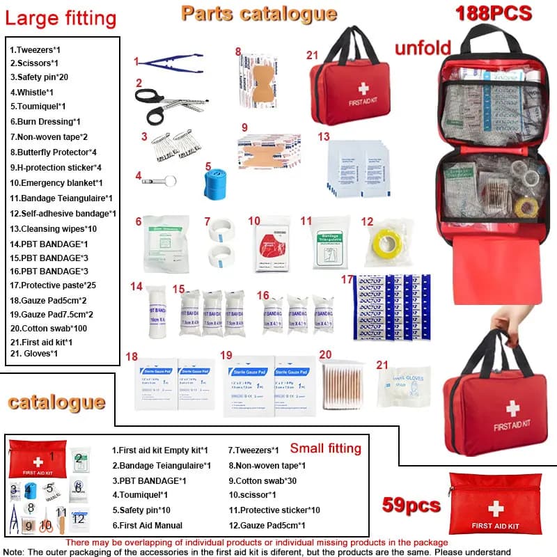 First aid kit - 188 pieces - for cars, home, travel, camping, office or sports, fully supplied with essential elements of emergency and survival