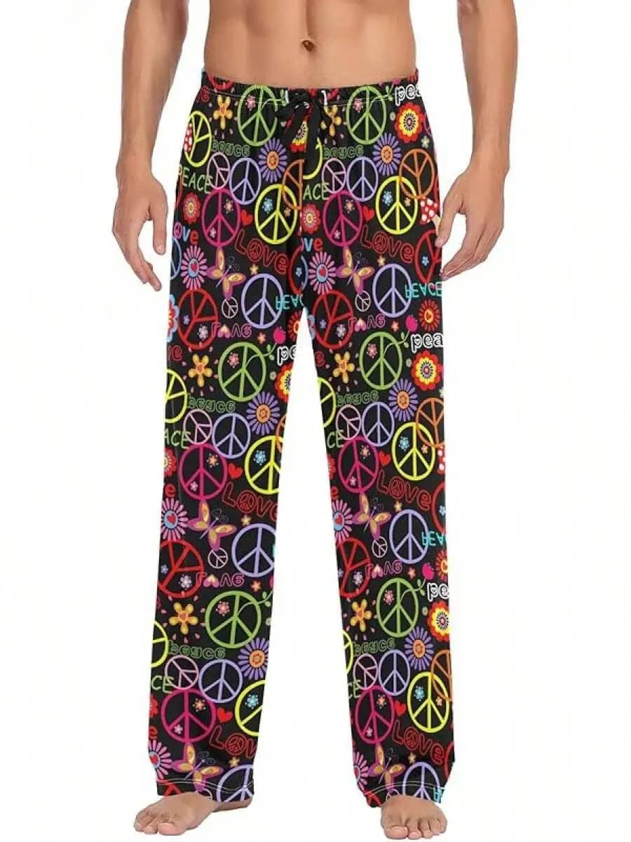 Mens Peace Sign Print Pajama Pants With Pockets Sleep Lounge Pants