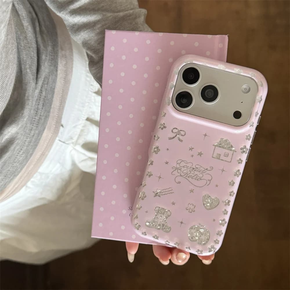 Sweet Y2K Silver Foil Bear Bow Heart Phone Case For iPhone 15 16 17 Pro Max Retro Girly Star Flower Shockproof Soft Glossy Cover