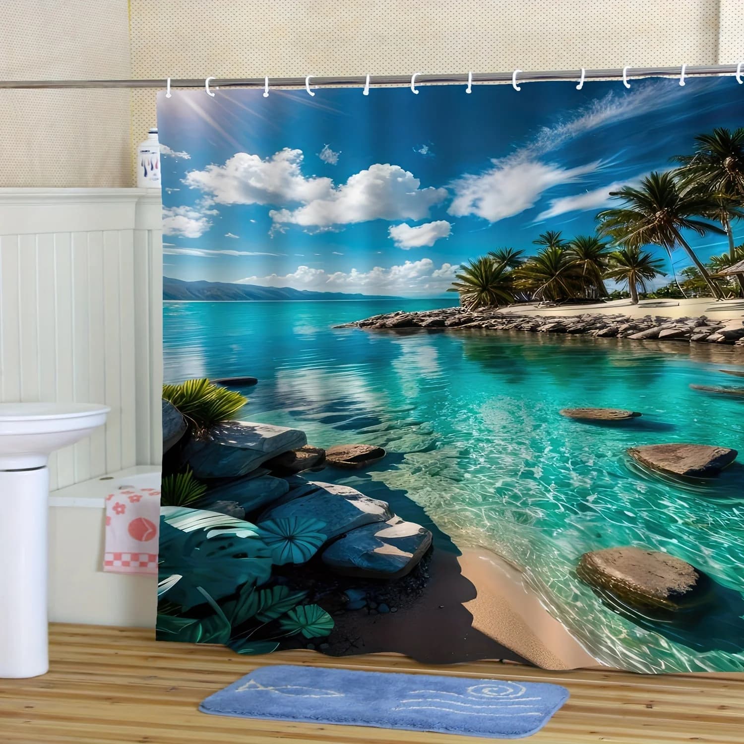 Elegante tenda da doccia impermeabile con scena tropicale sulla spiaggia – Perfetta per portare un'atmosfera rilassante e ispirata al paradiso