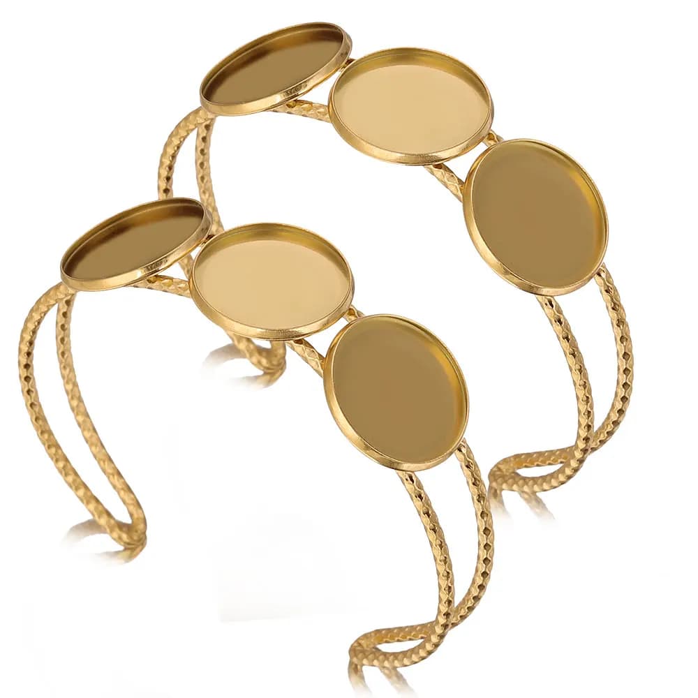 Bracciale aperto placcato oro in acciaio inossidabile da 2 pezzi, base cabochon da 18 mm per braccialetti, gioielli fai da te, forniture artigianali all'ingrosso