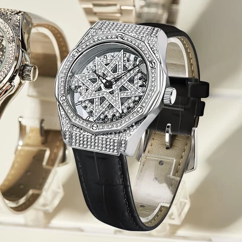 2024 Mark Fairwhale Orologio ghiacciato alla moda per donna Orologio da polso con cinturino in pelle di lusso con quadrante rotante con diamanti Orologi bling Regalo da donna