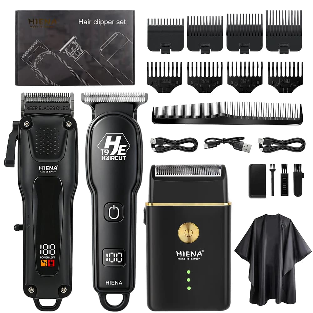 Set Tagliacapelli HIENA 3-in-1 con 8 Pettini Guida, Trimmer e Rasoio LCD Ricaricabile USB, Kit da Barbiere per Uomo