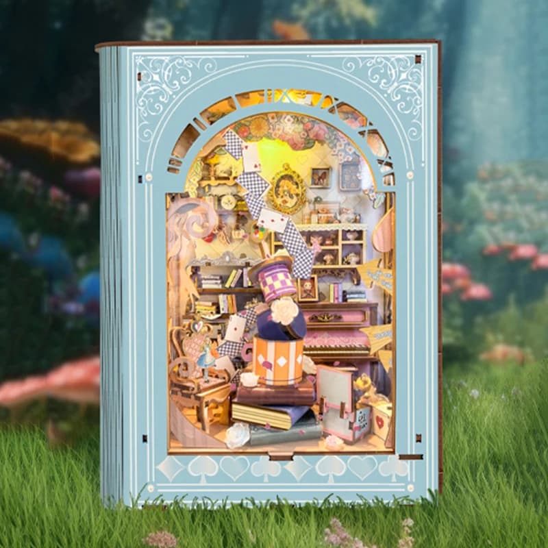 DIY Book Nook Wooden Miniature Model Kits Alice's Tea Party Diary Bookend 3D Puzzle with LED Light for Friends Birthday Gift