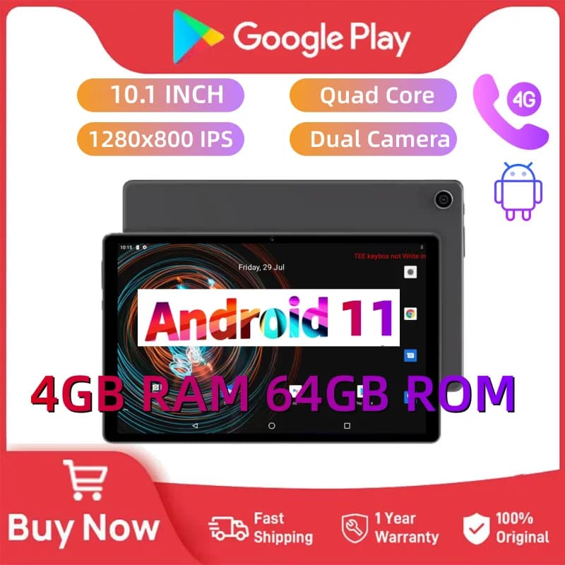 Android 11 Jazz Tablet with Calls 4G, 10.1 Inch, 4GB RAM, 64GB ROM, ums312 Quad Core, 1280 x 800 IPS, WIFI, Double Camera