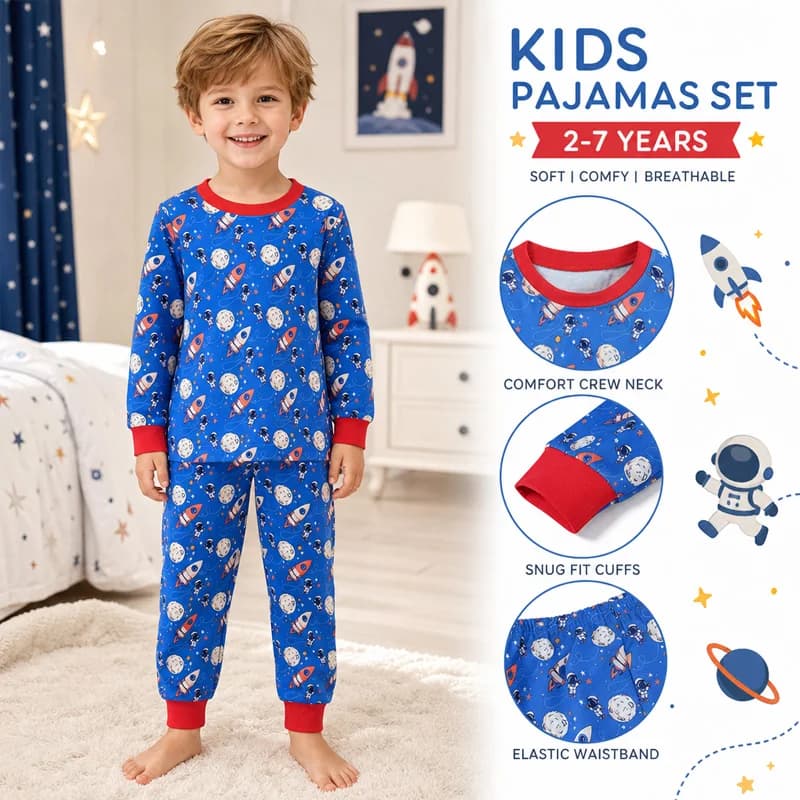 Little Hand Boys Cotton Long Sleeve Pajama Set Space Rocket Astronaut Print Kids Sleepwear Toddler Loungewear Set for 2-7T