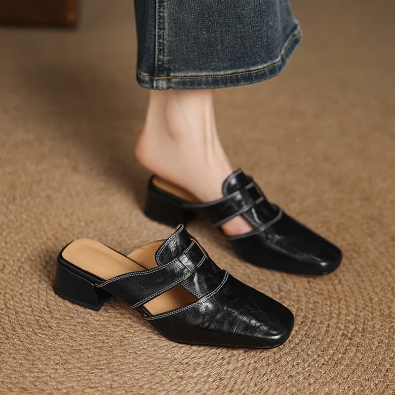 NEW Summer Women Mules Genuine Leather Shoes for Women Cover Toe Chunky Heel Slippers Concise Square Toe Handmade Modern Sandals