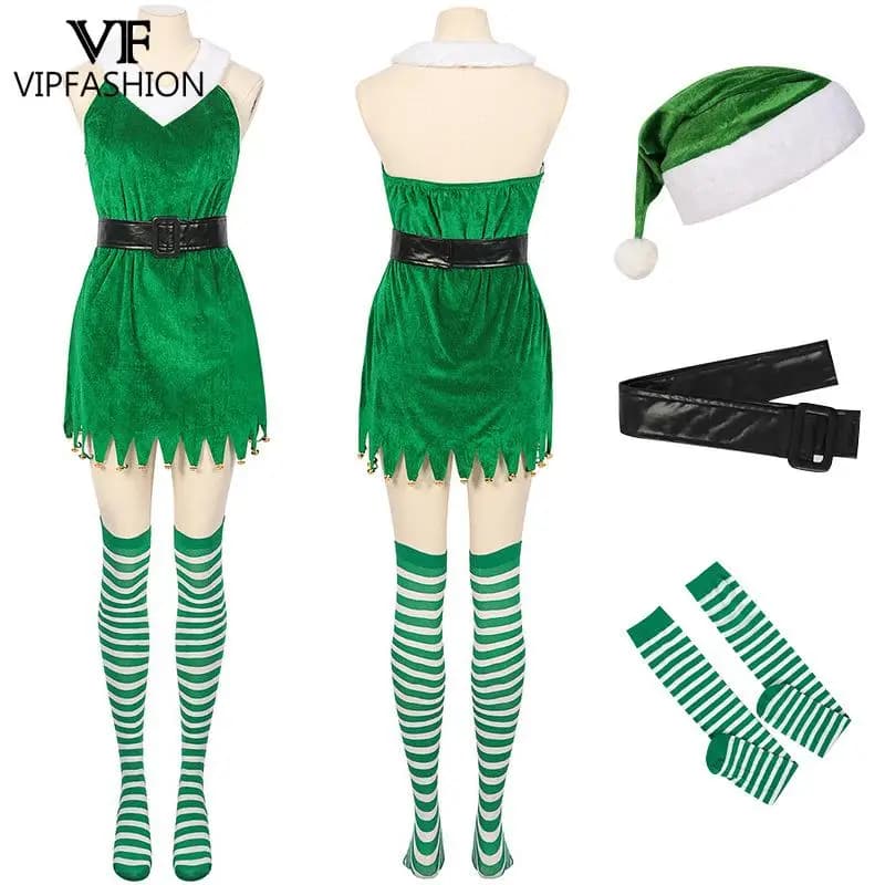 VIP FASHION Set di costumi da elfo natalizio da donna Abito in velluto verde con cintura Cappello da Babbo Natale Calze a righe Vestito cosplay per feste di Natale