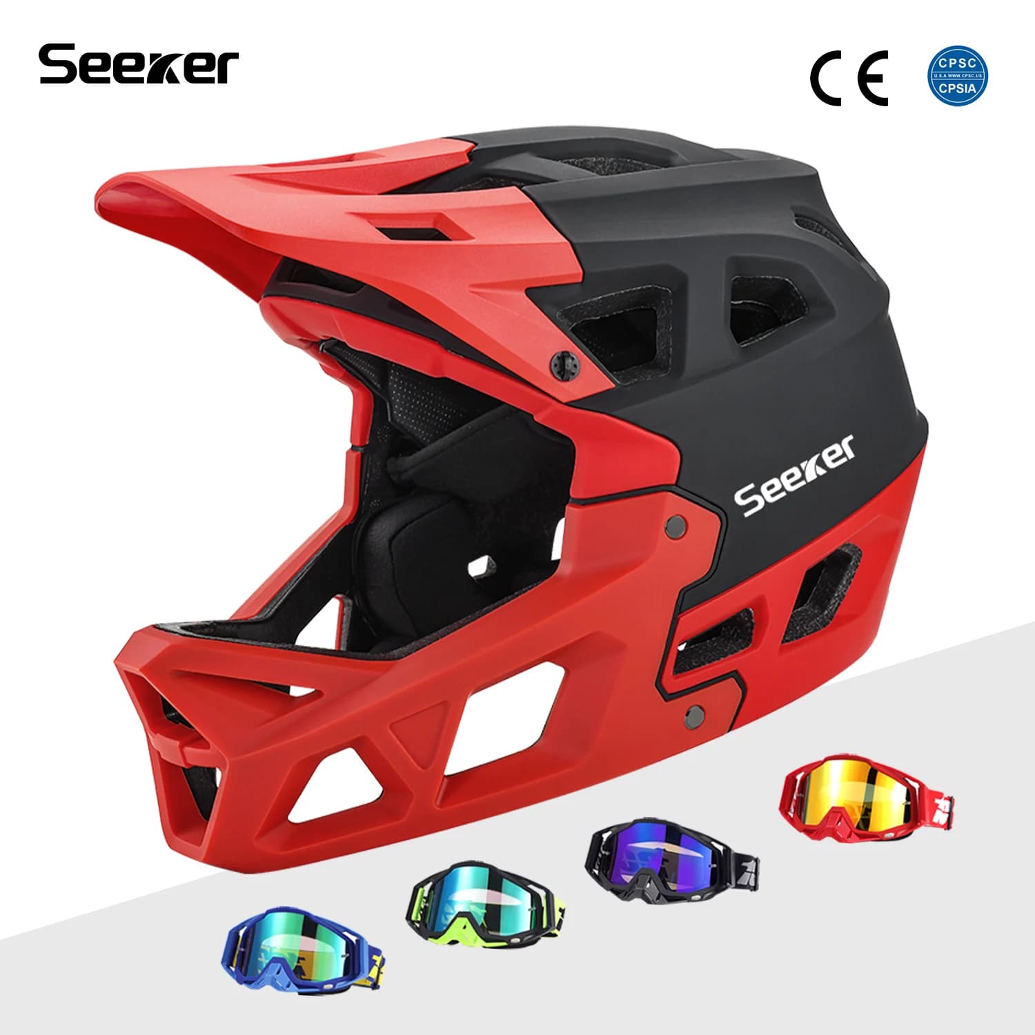 Casco integrale da bicicletta Seeker per fuoristrada, leggero, confortevole, traspirante, sicuro, per downhill, mountain bike e ciclismo.