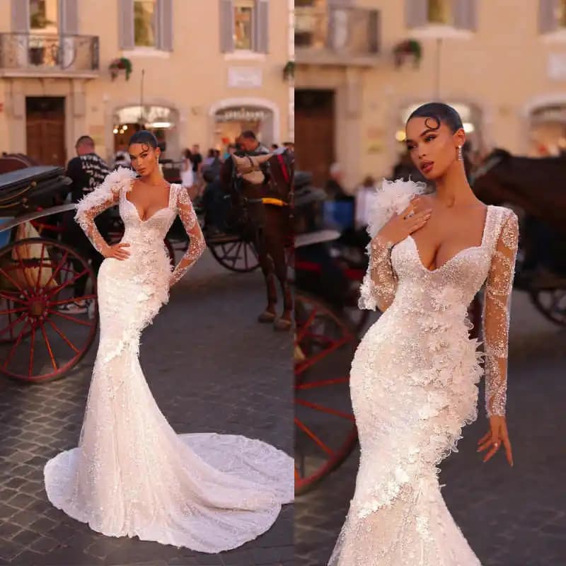 Elegante Abito da Sposa a Sirena Personalizzato con Applicazioni Complete di Cristalli, Perle e Perline, Maniche Lunghe, Stile Principessa - Vestidos De Novia