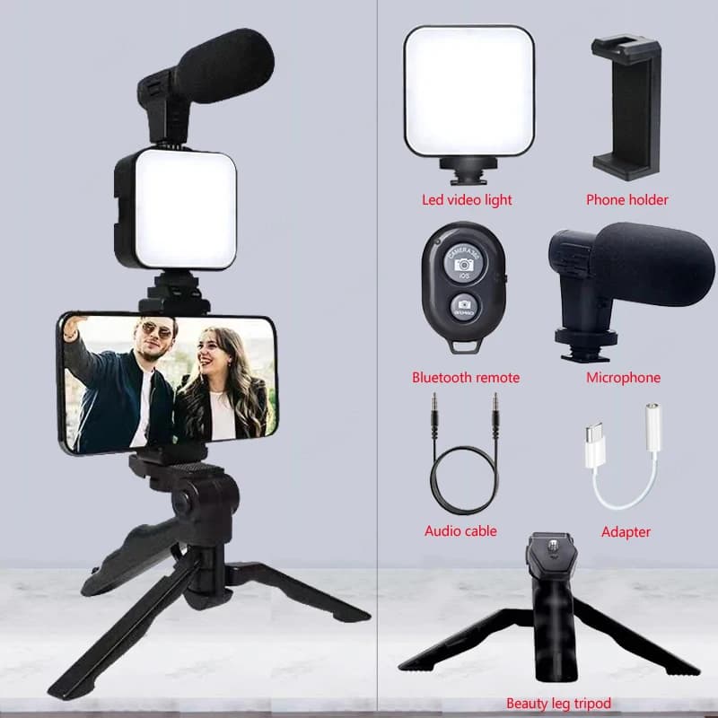 Kit per vlogging con smartphone AY49, treppiede, supporto per telefono, mini microfono, luce LED, kit base per live streaming e video YouTube