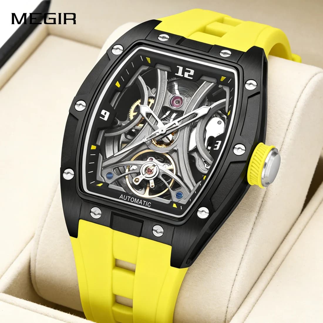Orologio da Polso MEGIR per Uomo, Orologio Meccanico Automatico di Lusso, Quadrante Scheletrato, Cassa in Acciaio, Impermeabile, Luminoso, Sportivo