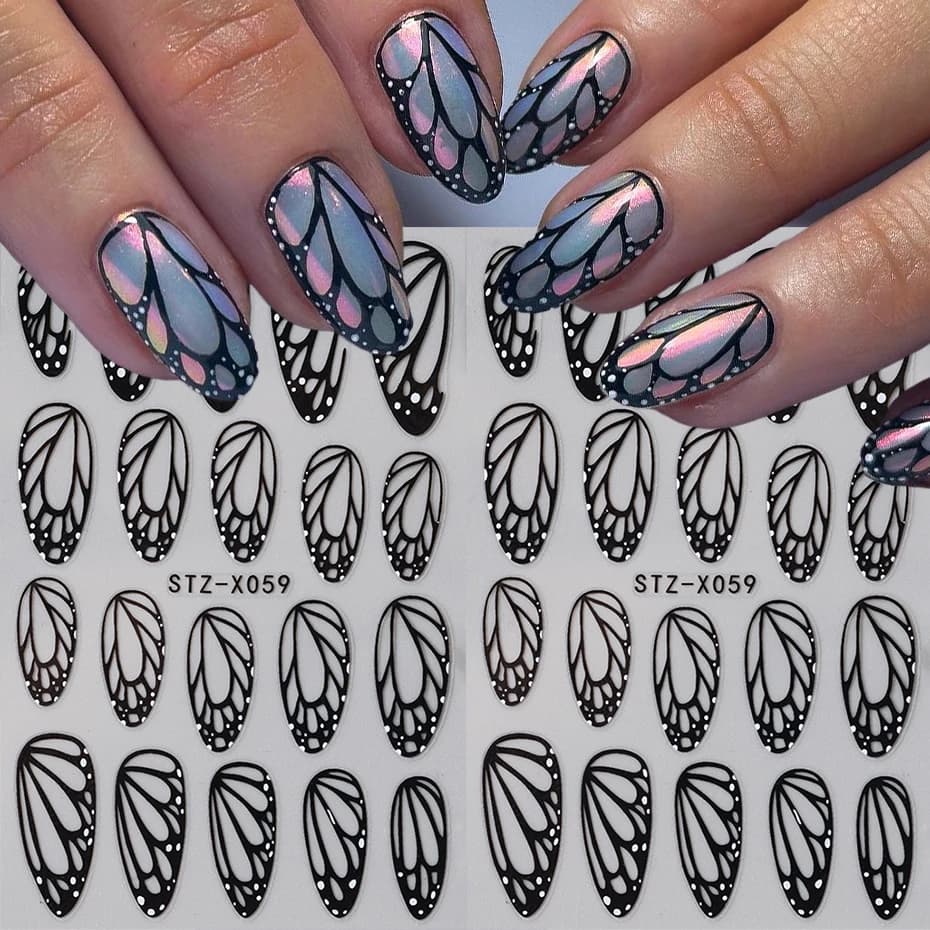 Splendidi adesivi per unghie con ali di farfalla nere, disegni per unghie con ciondoli, fogli cursori autoadesivi, decalcomanie, decorazioni per unghie, manicure