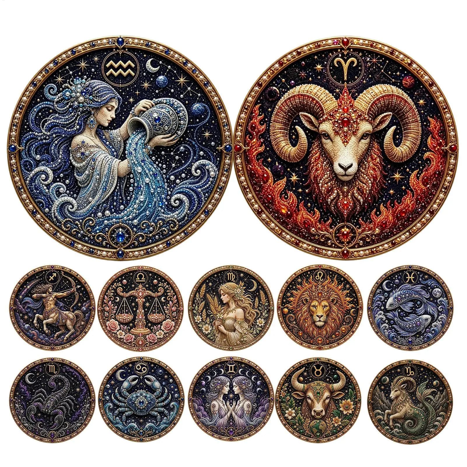 12 Zodiacs Signs Pearl Art Kit Round Constellation Themed DIY Beaded Artwork Astrology Wall Decor Craft Set for Zodiacs Lovers