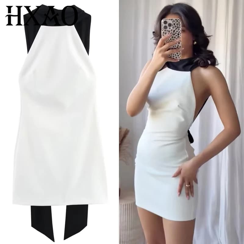 HXAO Abito bianco con scollo all'americana da donna Estate 2025 Donna Abiti corti sexy senza schienale Abito da compleanno senza maniche Patchwork Resort Vestido