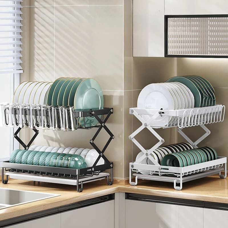 Foldable Dish Drying Rack Kitchen Countertop Organizer for Plates Bowls Cups Cutlery and Cutting Board Storage