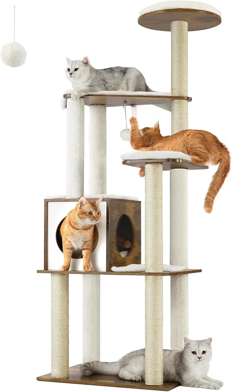 Torre per Gatti Moderna da 64,6 Pollici con Tiragraffi, Postazione di Riposo, Cuscini Lavabili e Grotta in Marrone Rustico