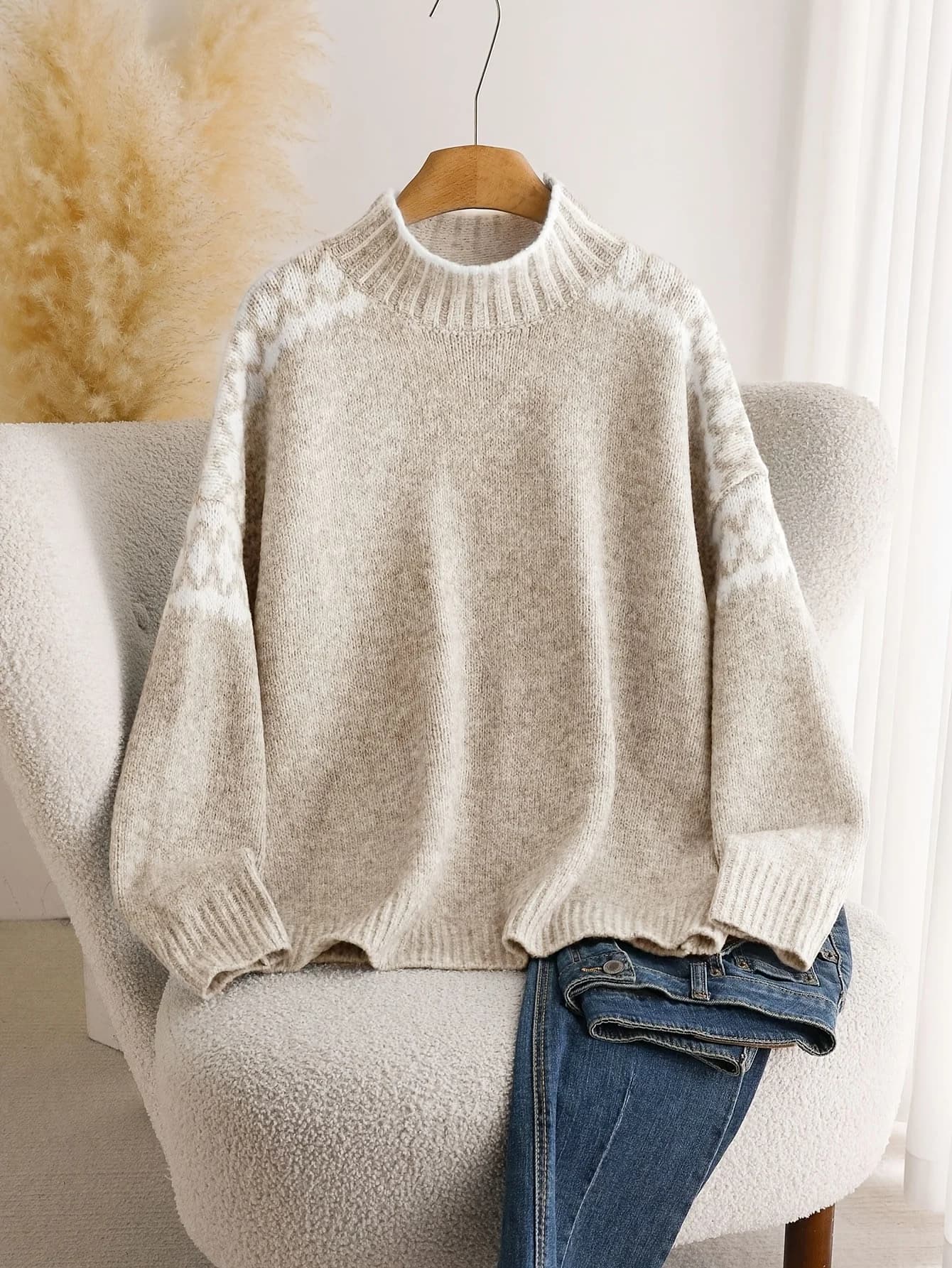 Women's half-high collar raglan sleeve jacquard design knitted shirt, vintage and laid-back style, autumn and winter style