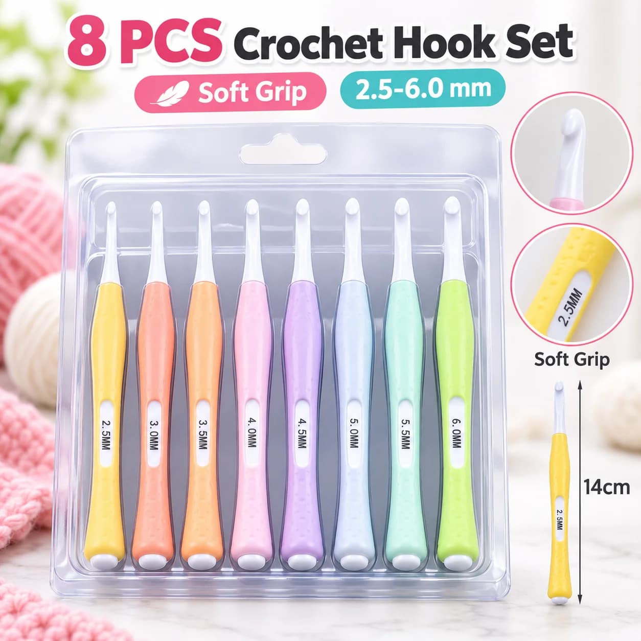 8Pcs Crochet Hook Set 2.5-6.0mm Ergonomic Soft Silicone Handle ABS Crochet Needles for Yarn Knitting Sweater DIY Craft Tools