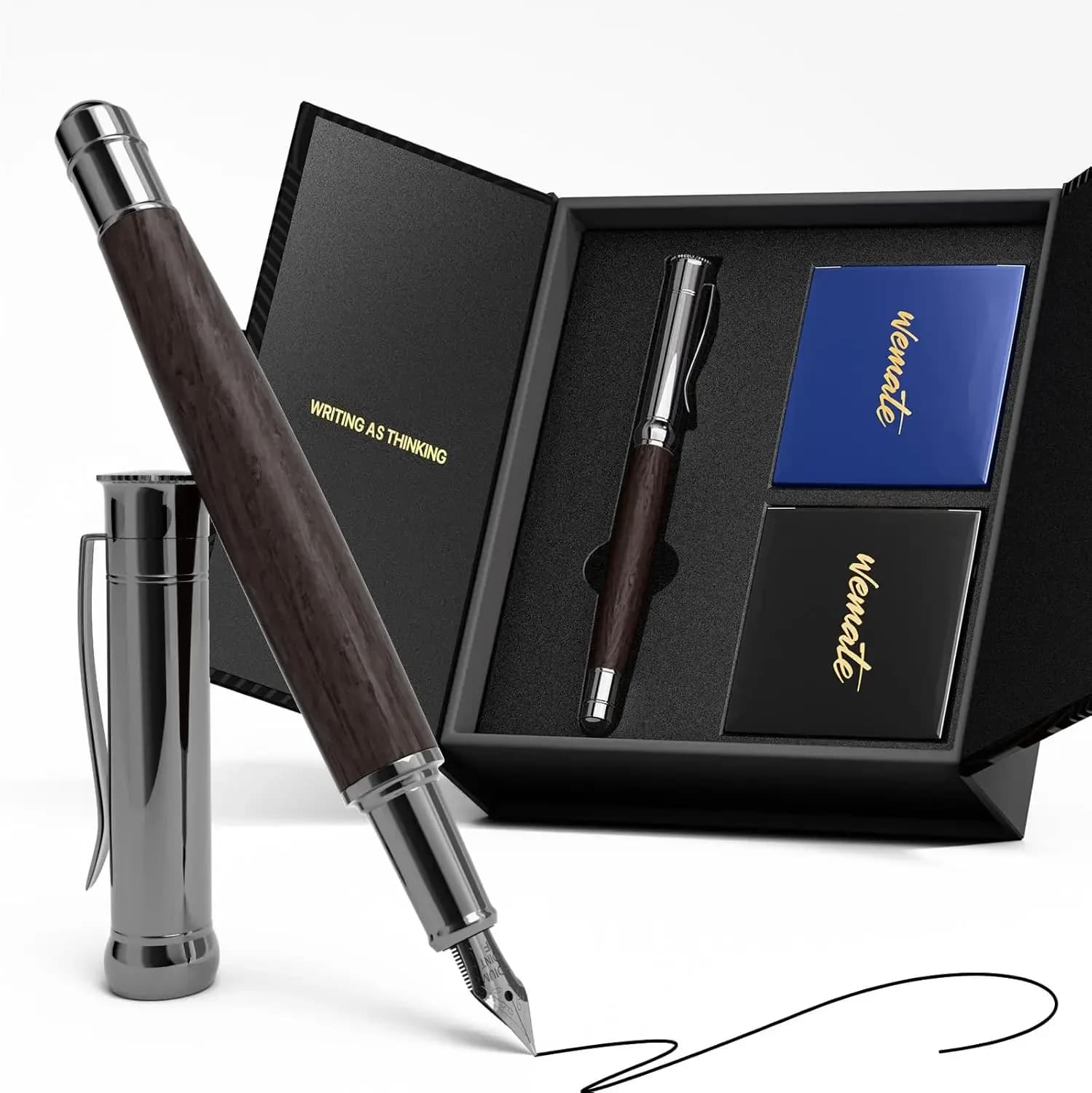 Fine Nib Fountain Pen Set with 20 Ink Cartridges & Converter, Luxury Wooden Pen for Writing, Journaling, Calligraphy