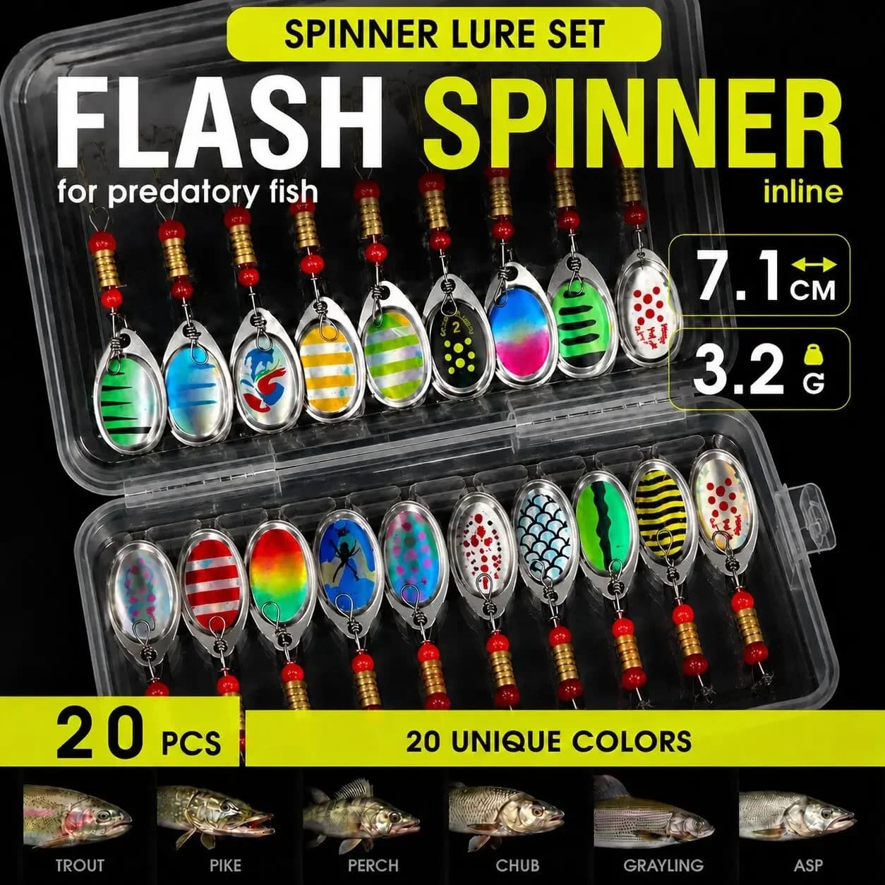 Erchang Spinner Lure Set, 20-Piece Fishing Spinner Baits Kit with Tackle Box for Trout Bass Pike Ice Fishing Sharp Treble Hooks
