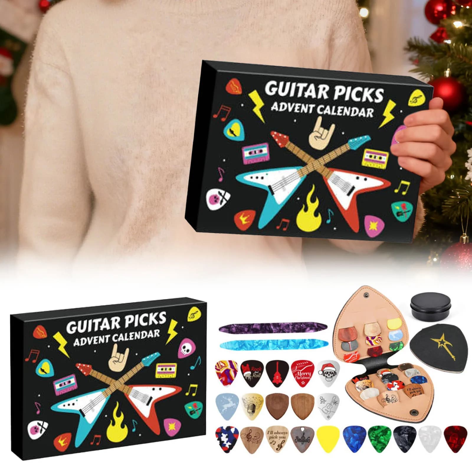 Plettri per chitarra calendario Plettri per conto alla rovescia dell'Avvento Plettri in legno multipli 20 calibri in celluloide 2 Plettri Oud Porta plettro in metallo 2025 24 giorni Navidad